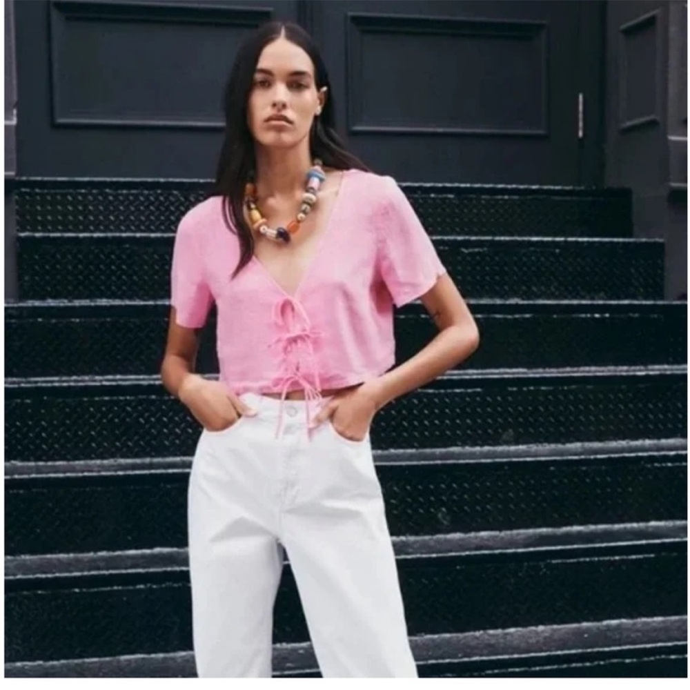 Zara Pink Linen Tie Front Short Sleeve Crop Top - Size Small